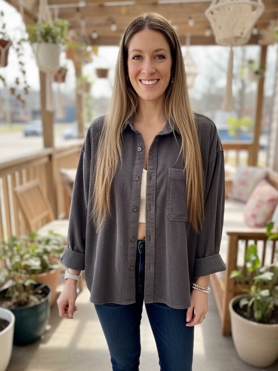 American Eagle Outfitters Tops - American Eagle Outfitters Gray Corduroy Button Down Size XL